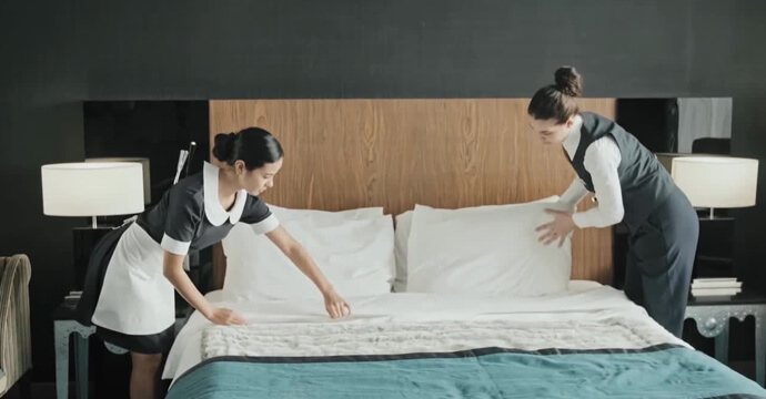maids making up hotel bed