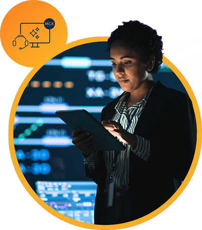 Woman on tablet in bubble graphic