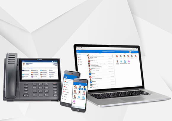 Mitel UI in a laptop and two phones plus a Mitel phone