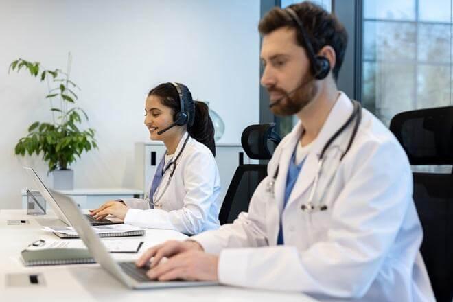 two medical persons calling