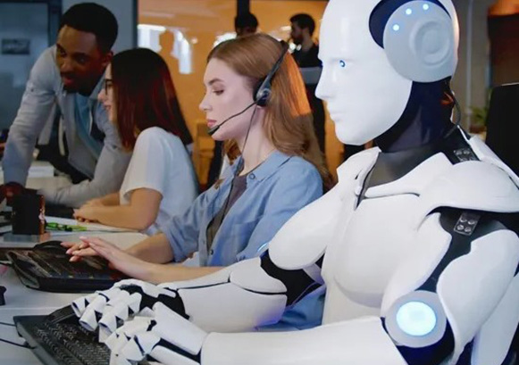 Worker in a contact center assisted by a robot doing the same work