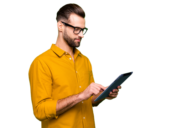 A guy looking at his tablet