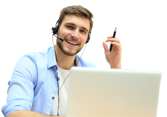 A guy working in a contact center looking happy