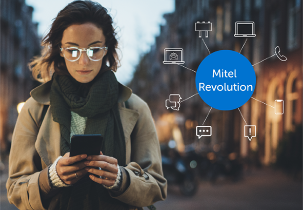 Woman looking at her phone with a Mitel revolution logo in the image