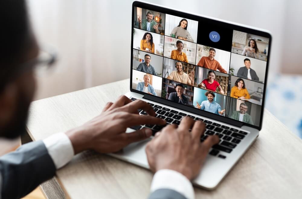 A laptop with a video conferencing in it
