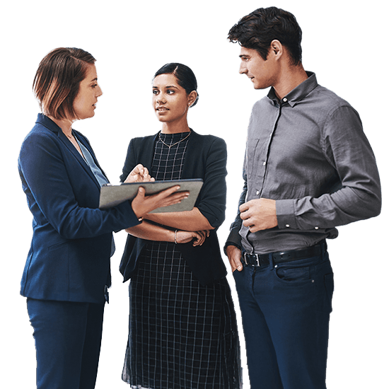 Office workers discussing around a tablet