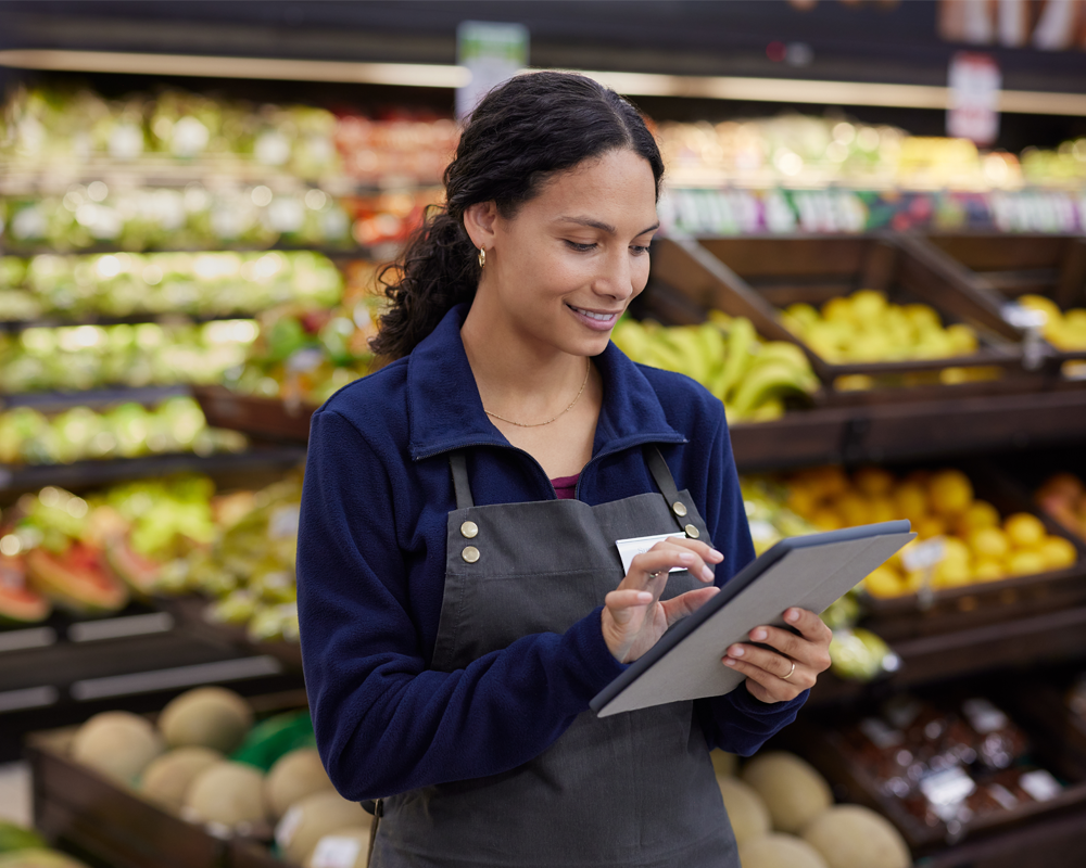 Retail associate using a hands-free headset
