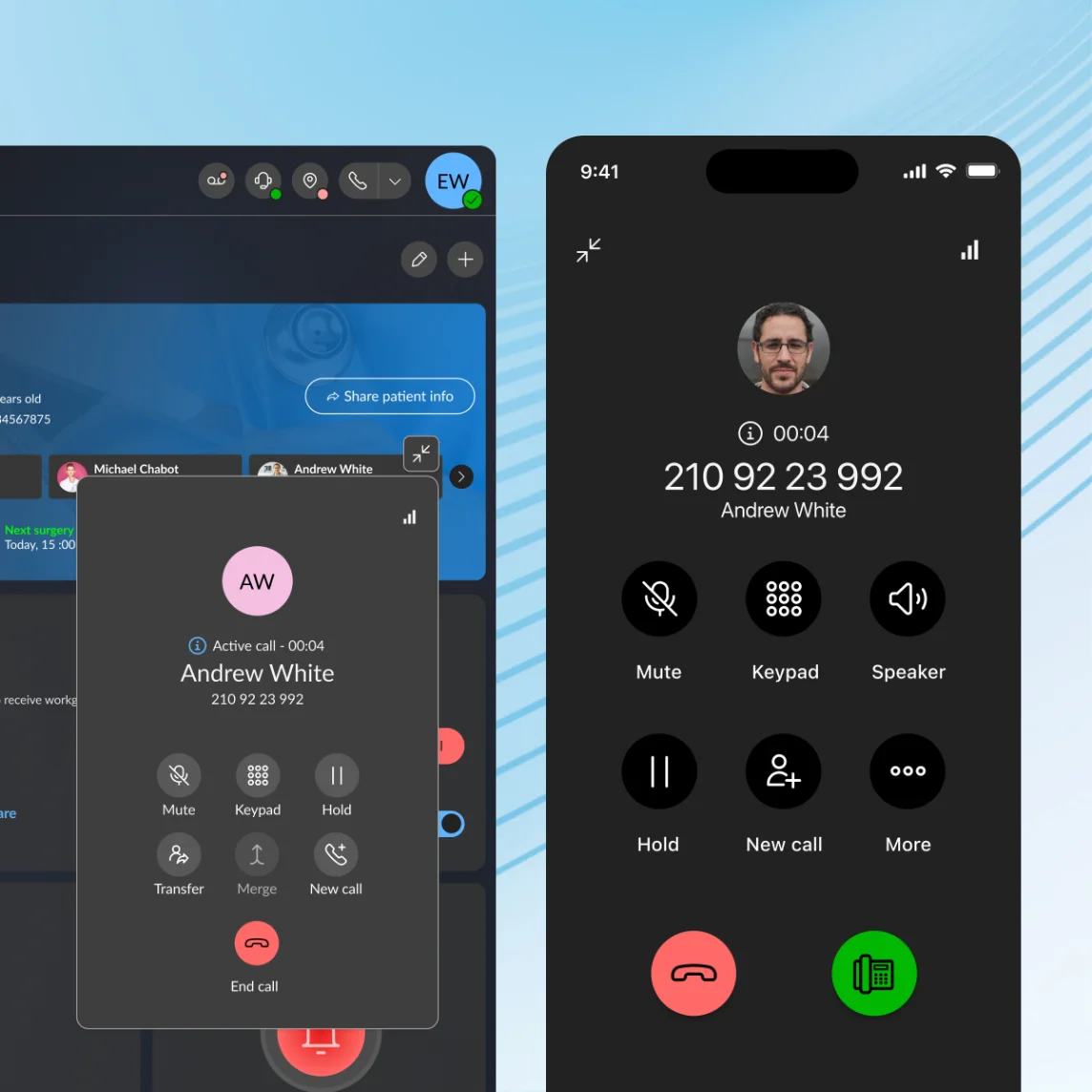 Active Mitel WX call shown on a desktop client and a mobile phone