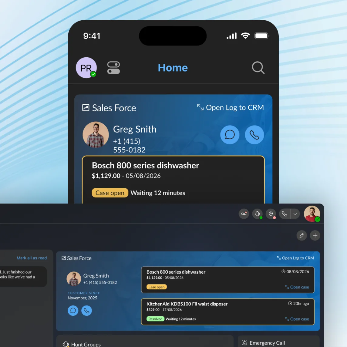 The same Mitel WX CRM case view on a mobile phone and a desktop client
