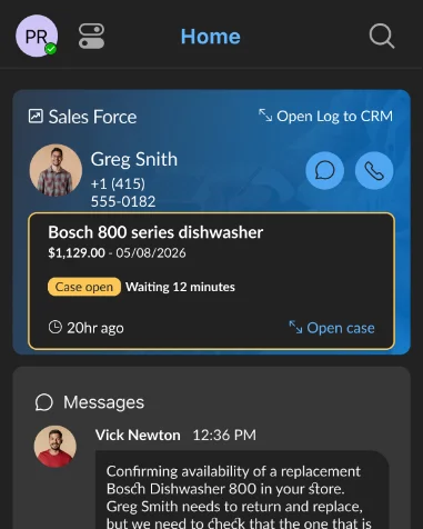 Mitel WX mobile home screen with a CRM record and messages side by side
