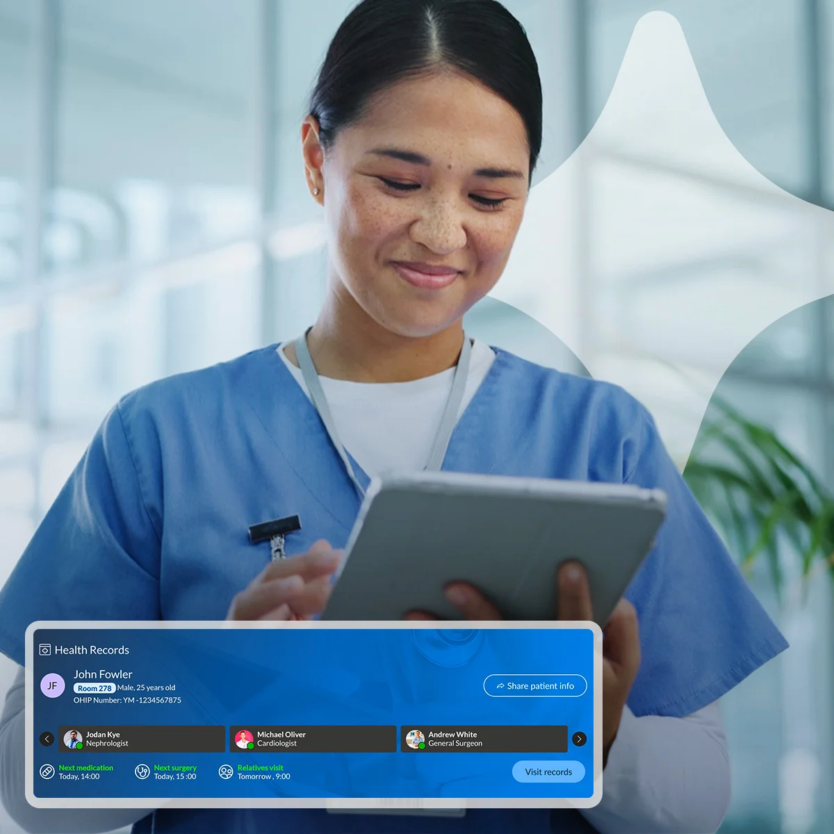 Nurse smiling while using a tablet in a hospital corridor
