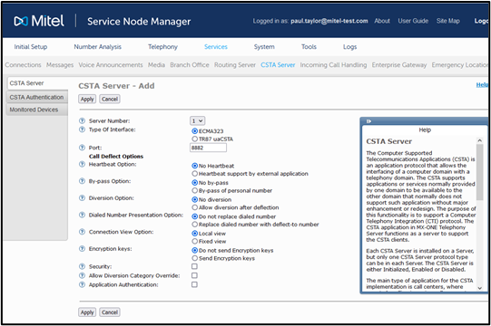 CSTA Server default options