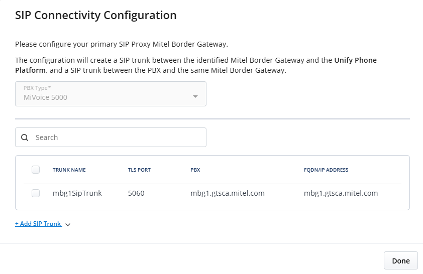 SIP Connectivity Configuration: First SIP trunk added
