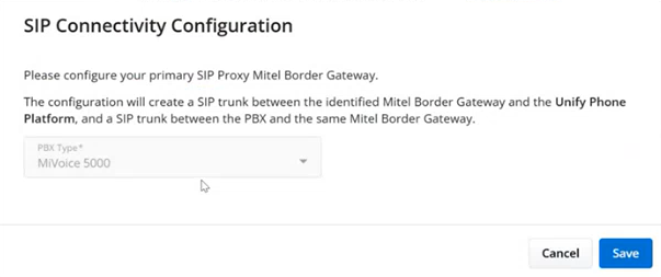 SIP Connectivity Configuration: Select PBX type