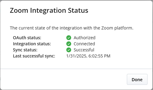 View of the Zoom Integration Status when the integration is set up properly
