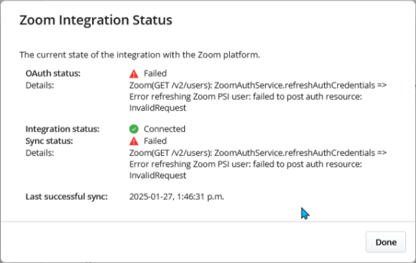 View of the Zoom Integration Status when the integration is not set up properly