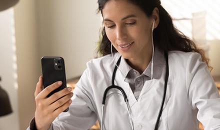 EHR header healthcare professional on mobile phone